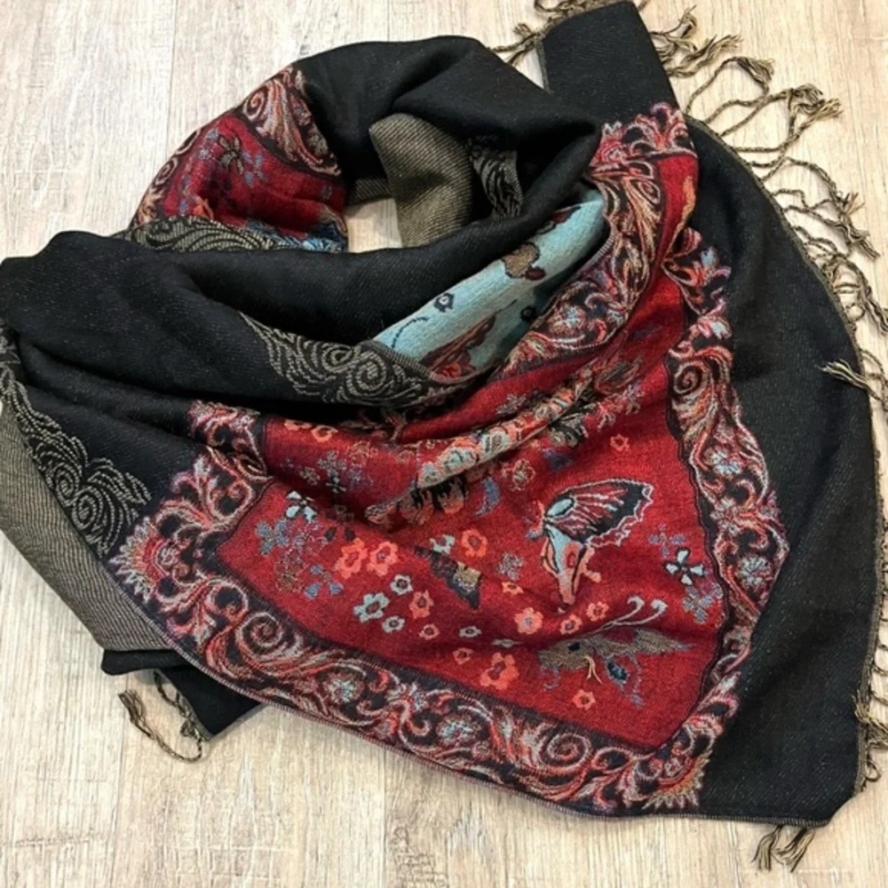 Pashmina, Red, Blue and Olive Colorblock Scarf Butterfly Pattern